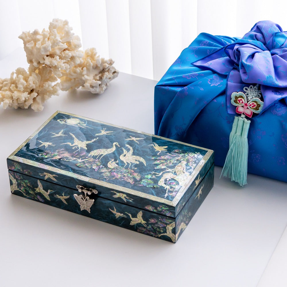 Korean Jewelry Box - Crane & Pine, Blue, 1 - Tier (by Oh Myung - ho)
