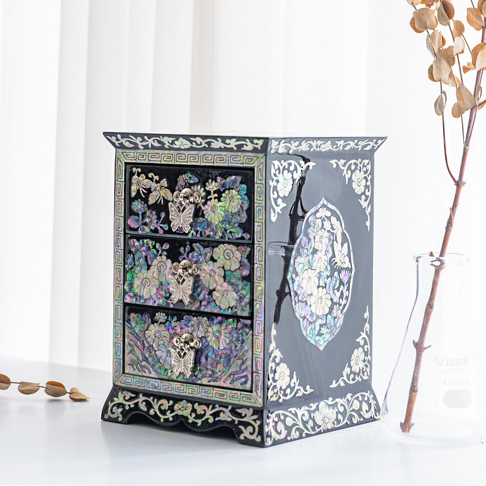 Najeon Mother-of-Pearl Jewelry Box - Crane & Pine, Black, 3 - Tier - view 7