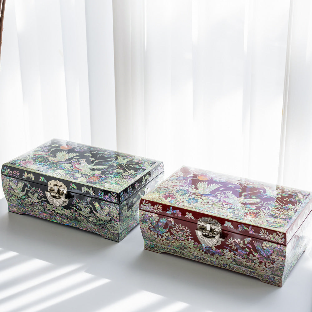 Najeon Mother-of-Pearl Jewelry Box - Crane & Pine, Red, 2 - Tier (II) - view 4