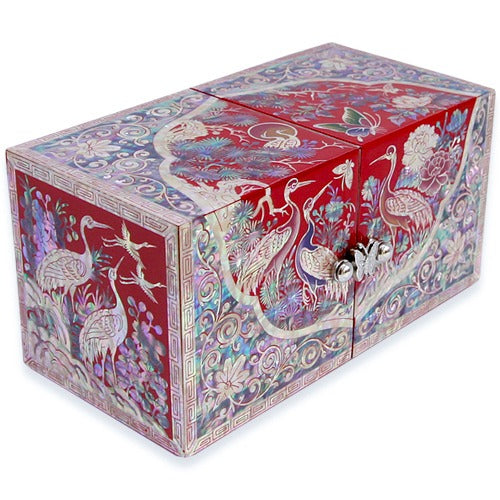 Najeon Mother-of-Pearl Jewelry Box - Crane & Pine, Red, Medium (by Oh Myung - ho)