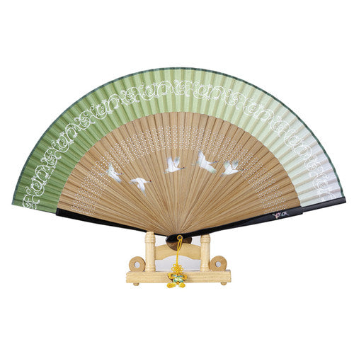 Najeon Mother-of-Pearl Folding Fan - Crane, Green - view 4