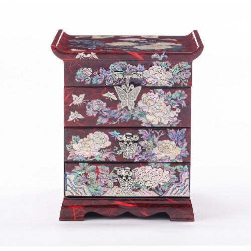 Najeon Mother-of-Pearl Jewelry Box - Peony, Red, 3 - Tier (II)