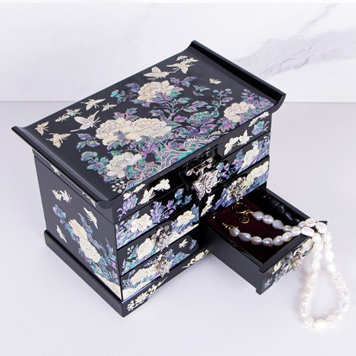 Najeon Mother-of-Pearl Jewelry Box - Peony, Black, 5 - Tier - view 2