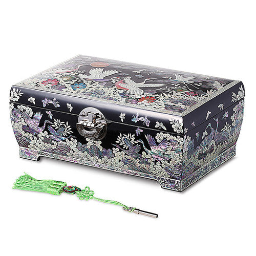 Najeon Mother-of-Pearl Jewelry Box - Crane & Pine, Black, 2 - Tier (II) - view 8