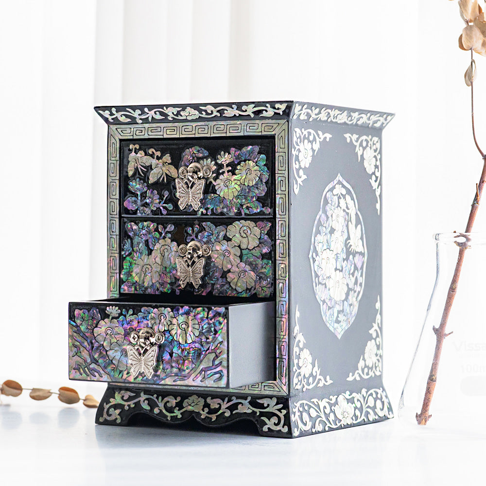 Najeon Mother-of-Pearl Jewelry Box - Crane & Pine, Black, 3 - Tier - view 6