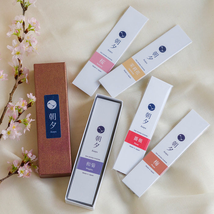 Asayu Japan Flower Incense Sticks Assortment, Set of 5 Scents: Wagiku, Plum, Rose, Jasmine, Sakura