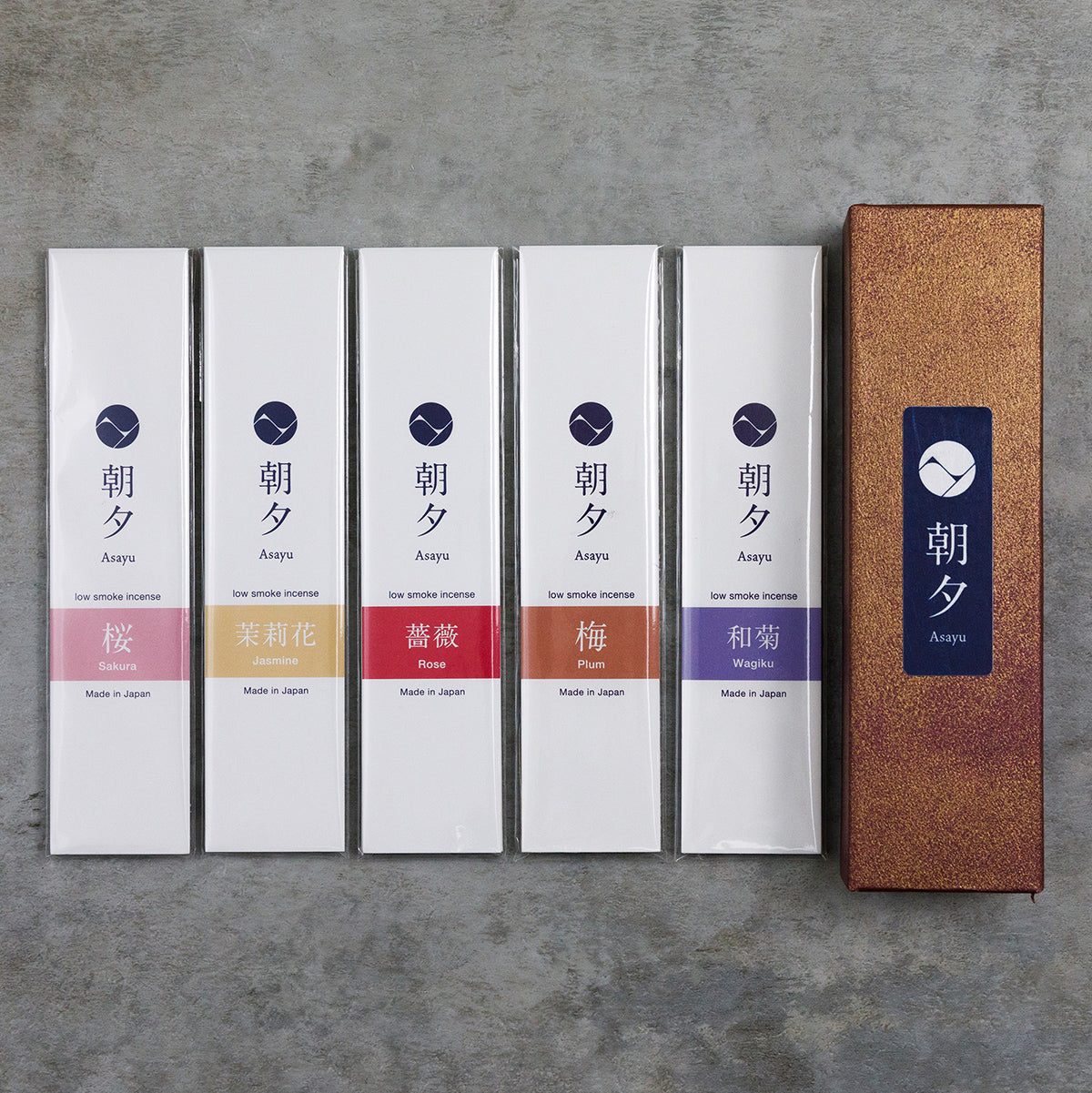 Asayu Japan Flower Incense Sticks Assortment, Set of 5 Scents: Wagiku, Plum, Rose, Jasmine, Sakura