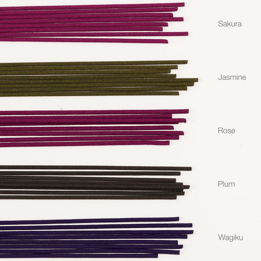 Asayu Japan Flower Incense Sticks Assortment, Set of 5 Scents: Wagiku, Plum, Rose, Jasmine, Sakura