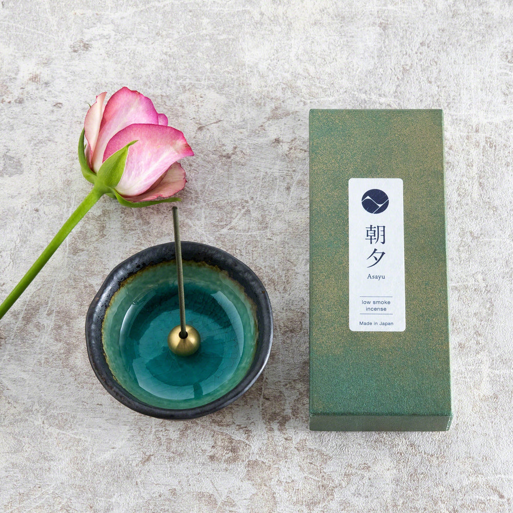 Asayu Japan Incense Gift Set Floral Set Jasmine & Rose low Smoke incense with Mini Nature Aquamarine Incense Holder