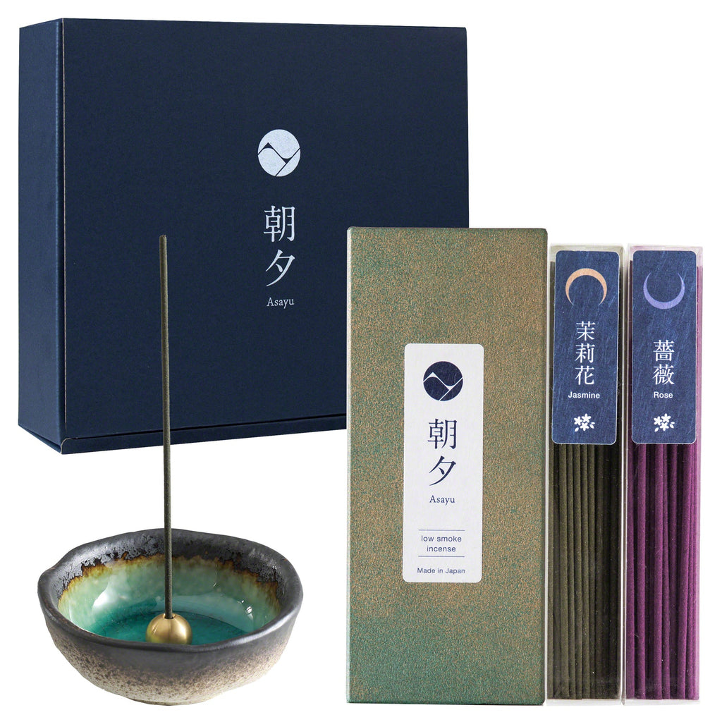 Asayu Japan Incense Gift Set Floral Set Jasmine & Rose low Smoke incense with Mini Nature Aquamarine Incense Holder