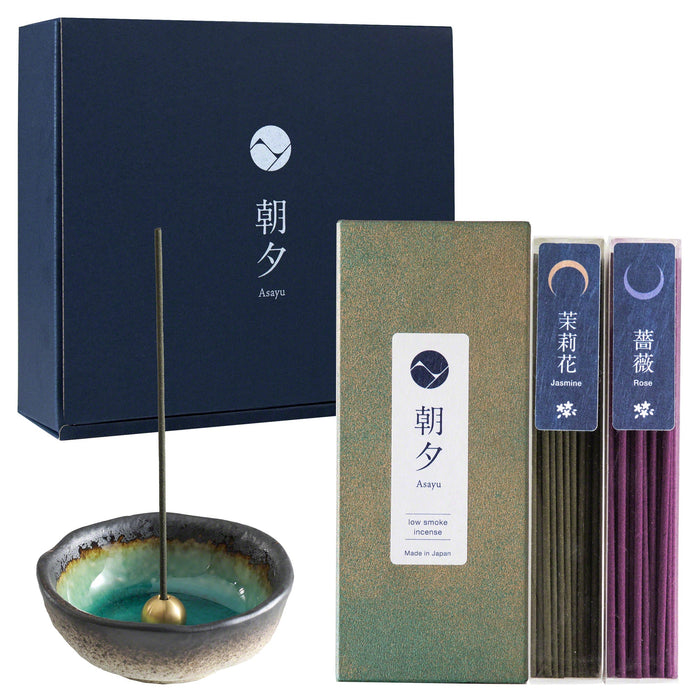 Asayu Japan Incense Gift Set Floral Set Jasmine & Rose low Smoke incense with Mini Nature Aquamarine Incense Holder