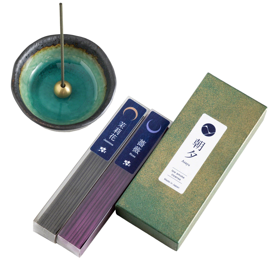 Asayu Japan Incense Gift Set Floral Set Jasmine & Rose low Smoke incense with Mini Nature Aquamarine Incense Holder