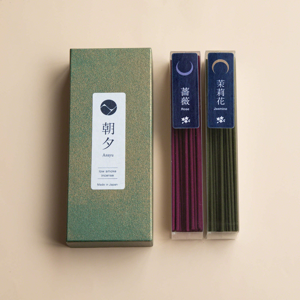 Asayu Japan Incense Gift Set Floral Set Jasmine & Rose low Smoke incense with Mini Nature Aquamarine Incense Holder