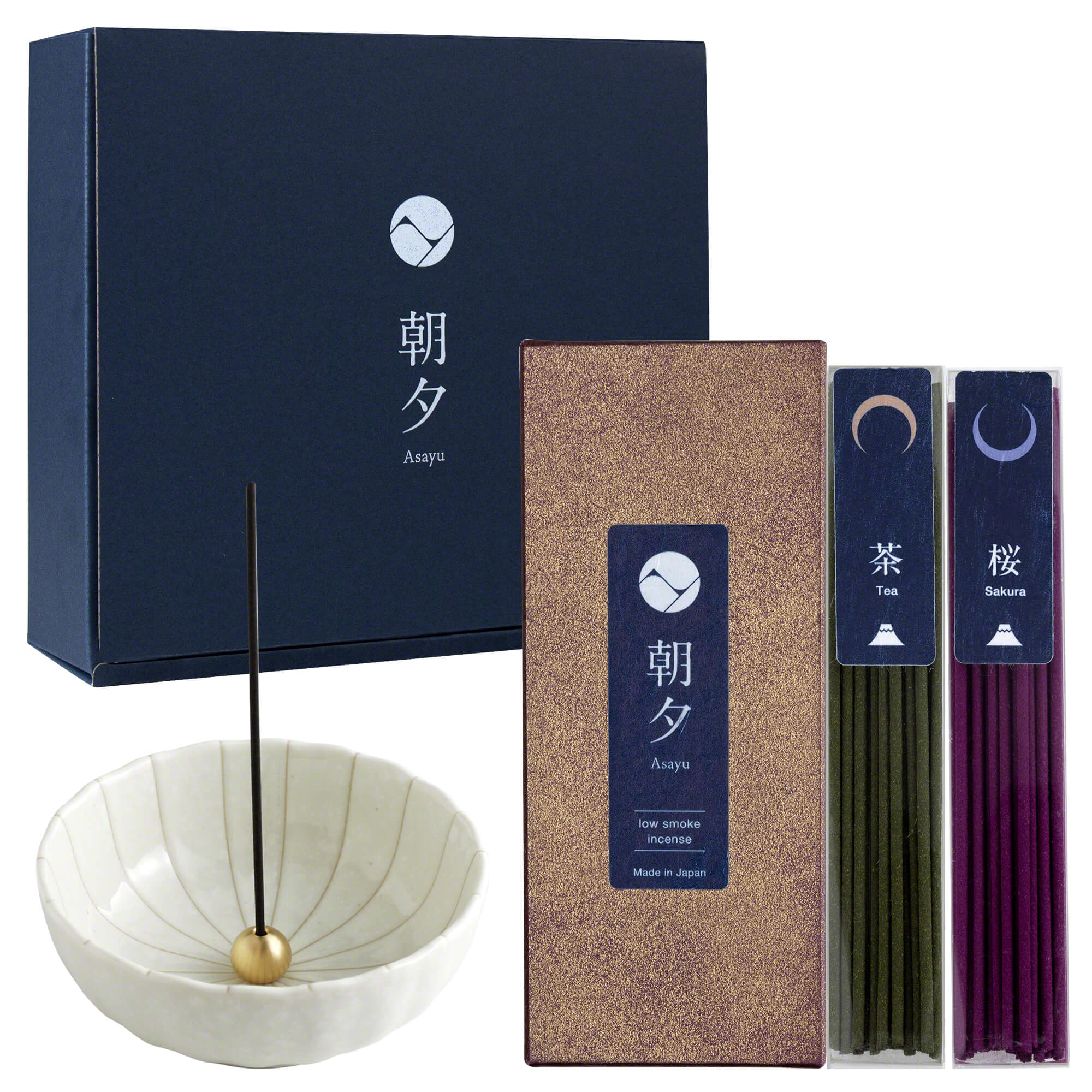 Asayu Japan Low Smoke Incense Gift Set Japan: Sakura & Green Tea with White Lotus Incense Holder