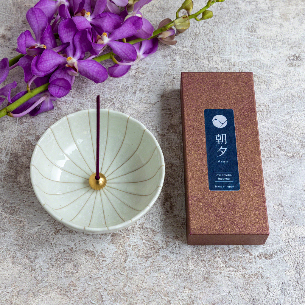 Asayu Japan Low Smoke Incense Gift Set Japan: Sakura & Green Tea with White Lotus Incense Holder