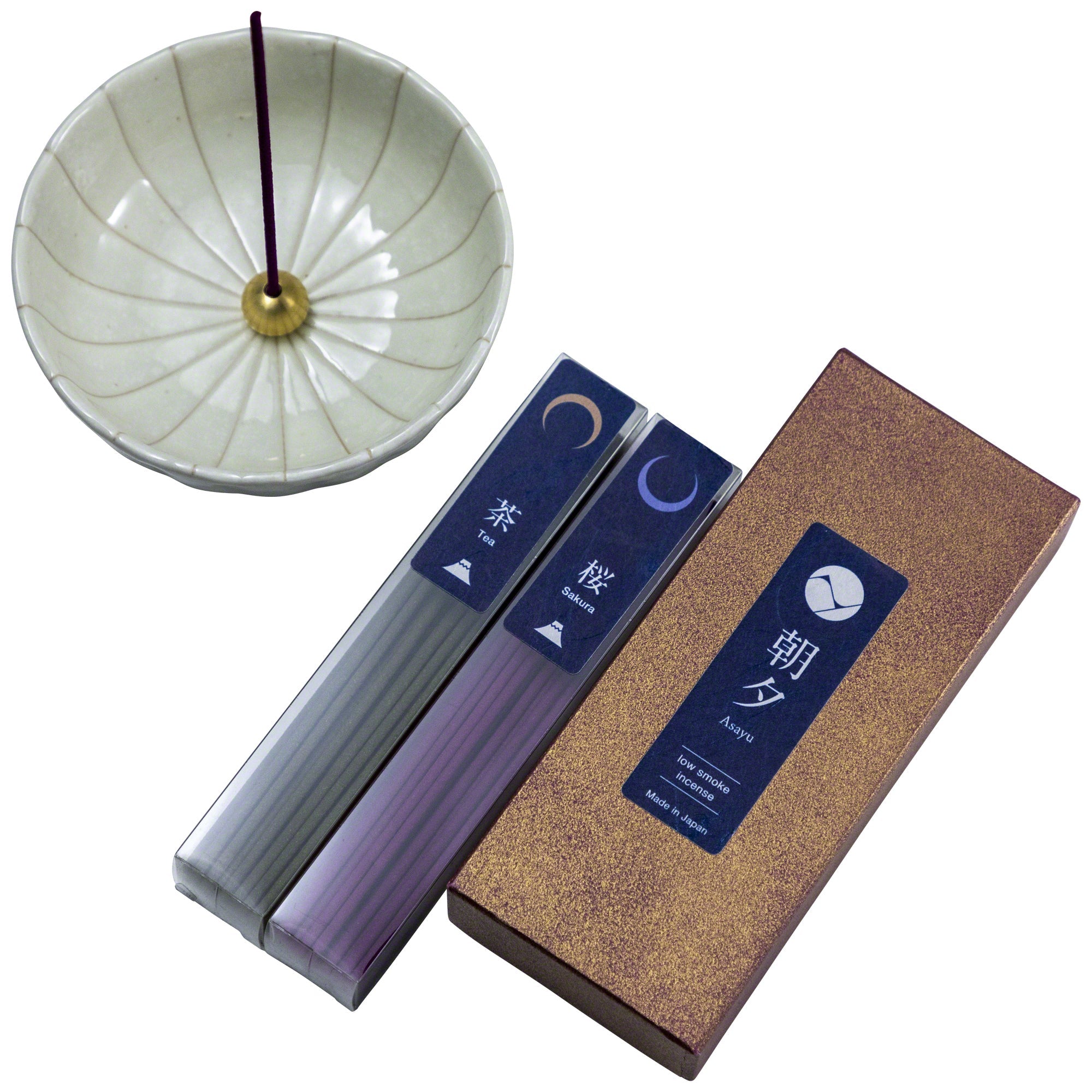Asayu Japan Low Smoke Incense Gift Set Japan: Sakura & Green Tea with White Lotus Incense Holder