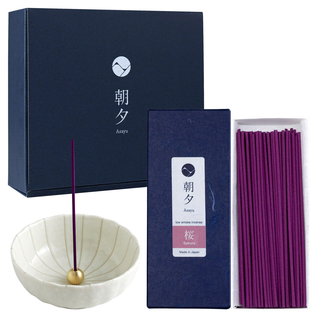 Asayu Japan Low Smoke Incense Gift Set [ Sakura Cherry Blossom Incense Sticks+ White Lotus Incense Holder ]