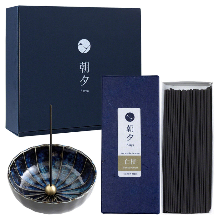 Asayu Japan Low Smoke Incense Gift Set: Sandalwood Incense Sticks with Navy Blue Lotus Incense Holder