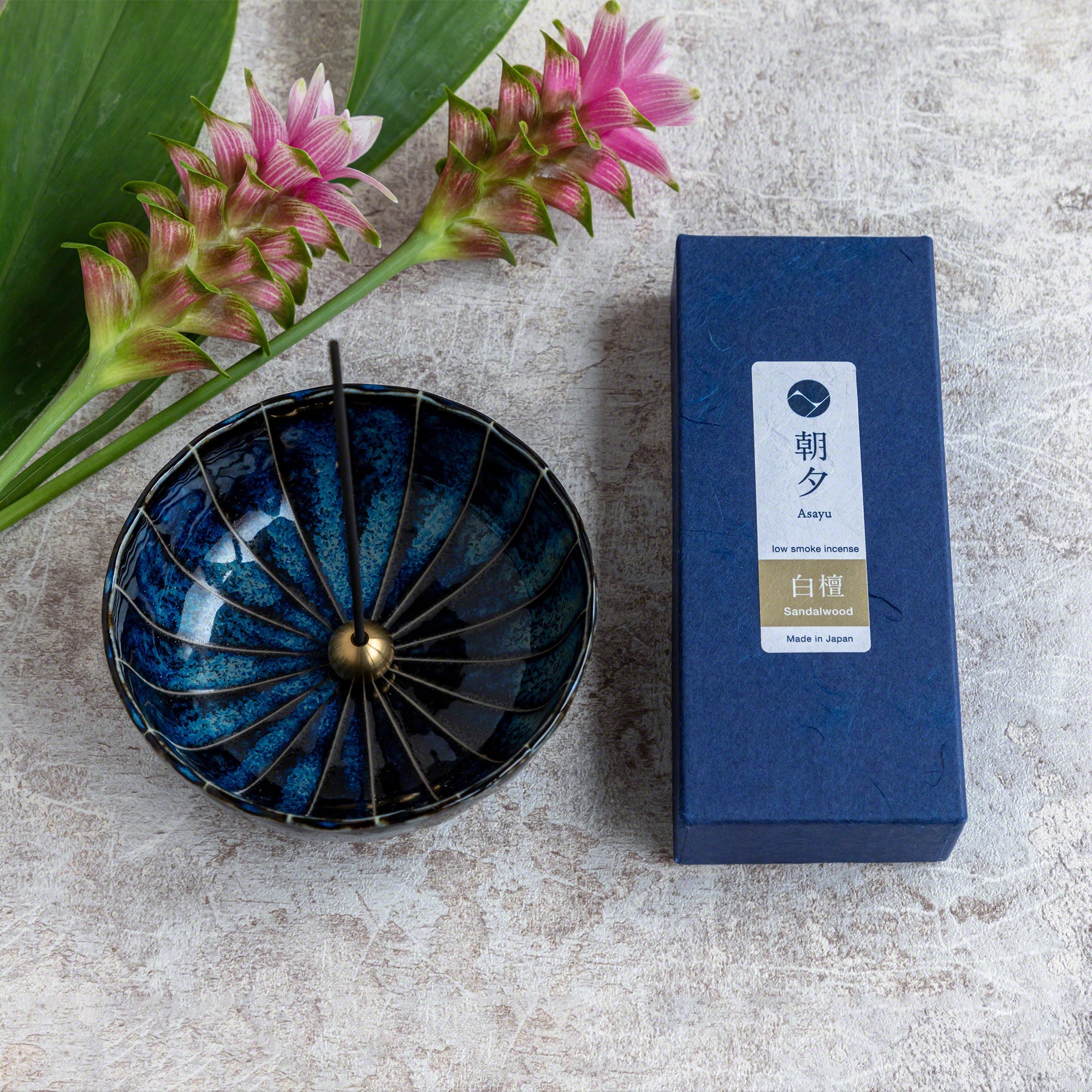 Asayu Japan Low Smoke Incense Gift Set: Sandalwood Incense Sticks with Navy Blue Lotus Incense Holder