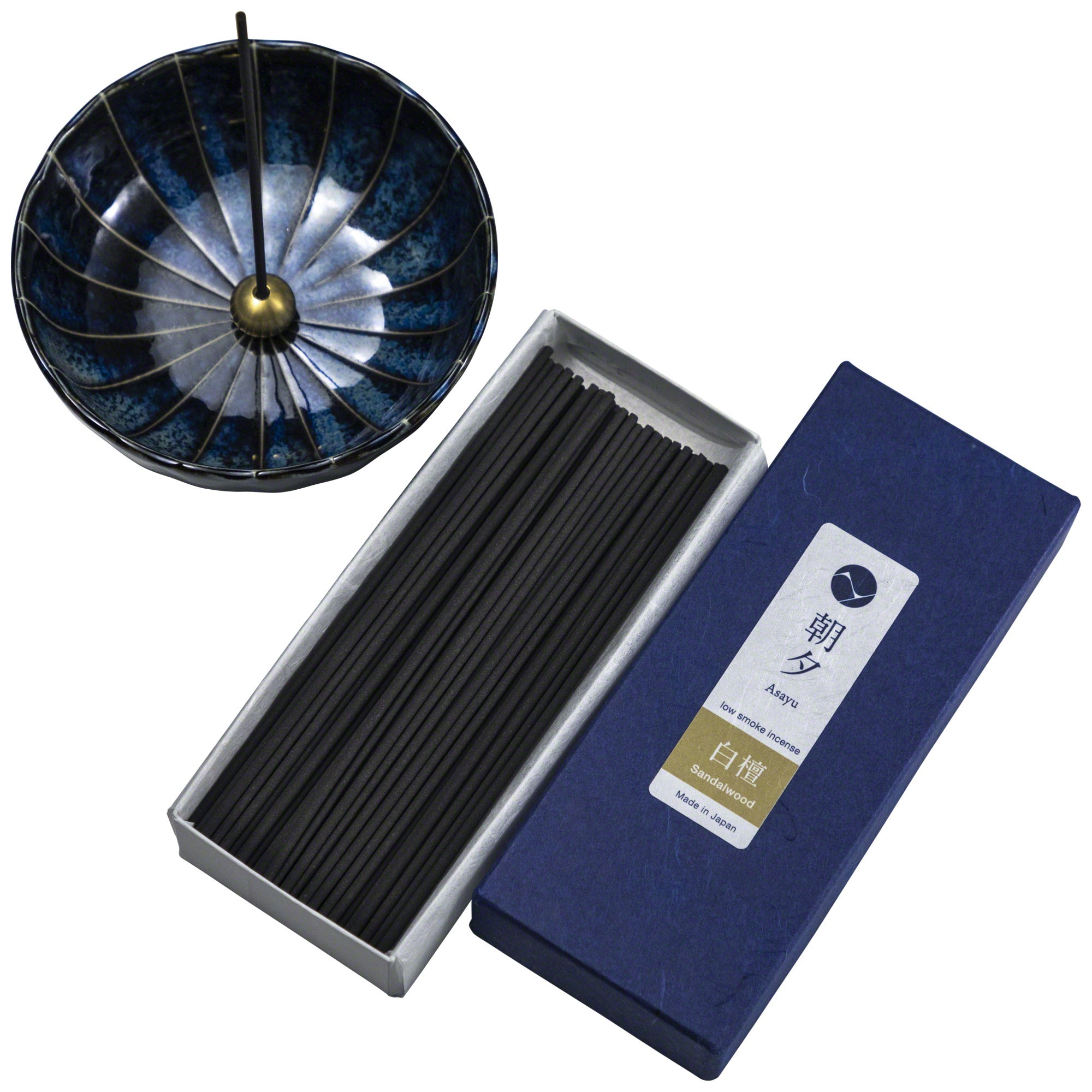Asayu Japan Low Smoke Incense Gift Set: Sandalwood Incense Sticks with Navy Blue Lotus Incense Holder
