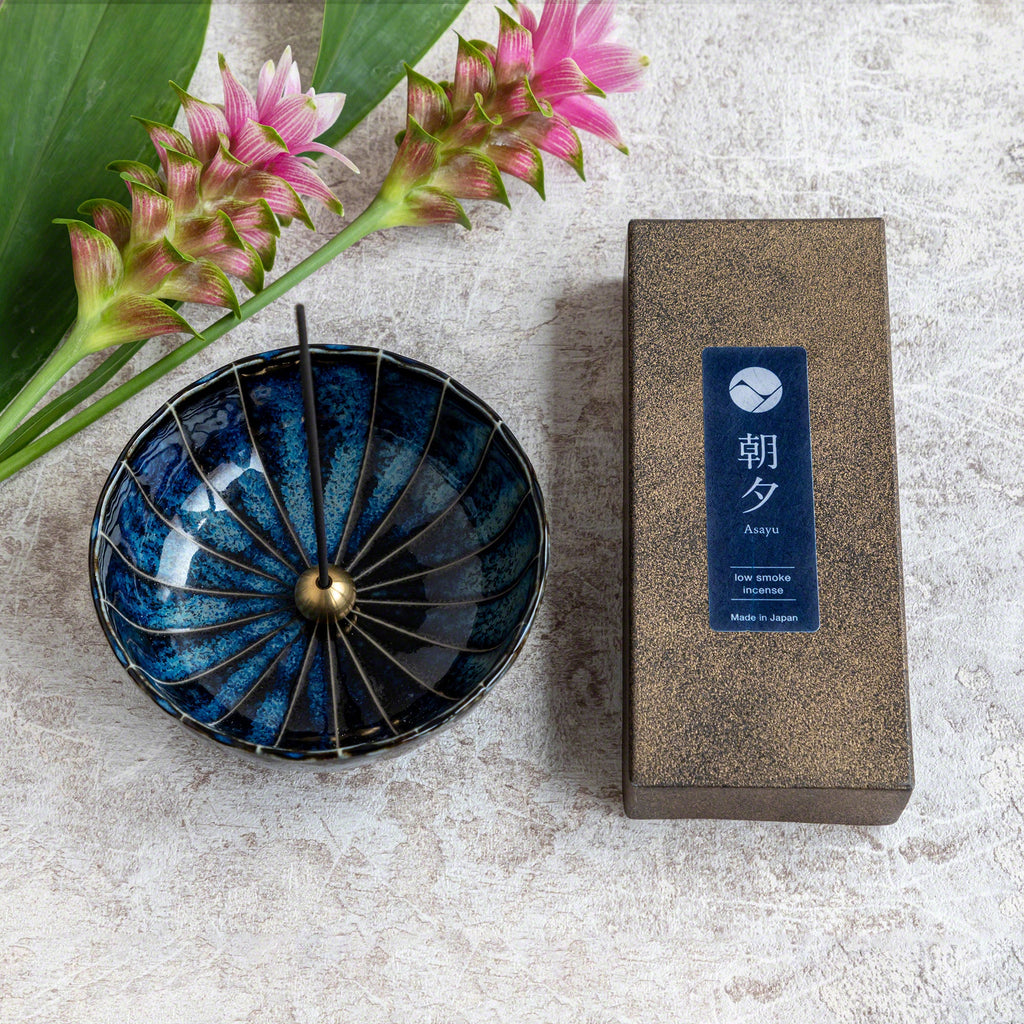 Asayu Japan Low Smoke Incense Gift Set Yoga; Lotus & Sandalwood Incense with Navy Blue Lotus Incense Holder