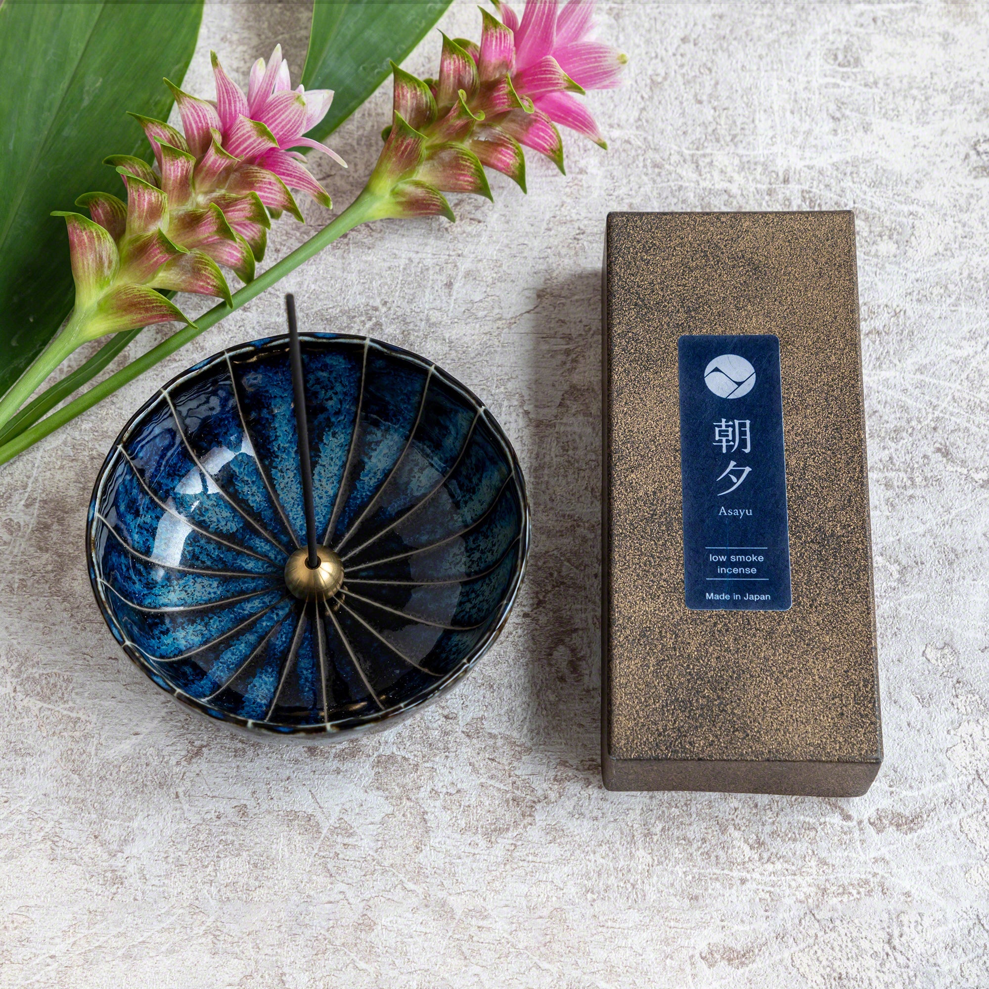 Asayu Japan Low Smoke Incense Gift Set Yoga; Lotus & Sandalwood Incense with Navy Blue Lotus Incense Holder