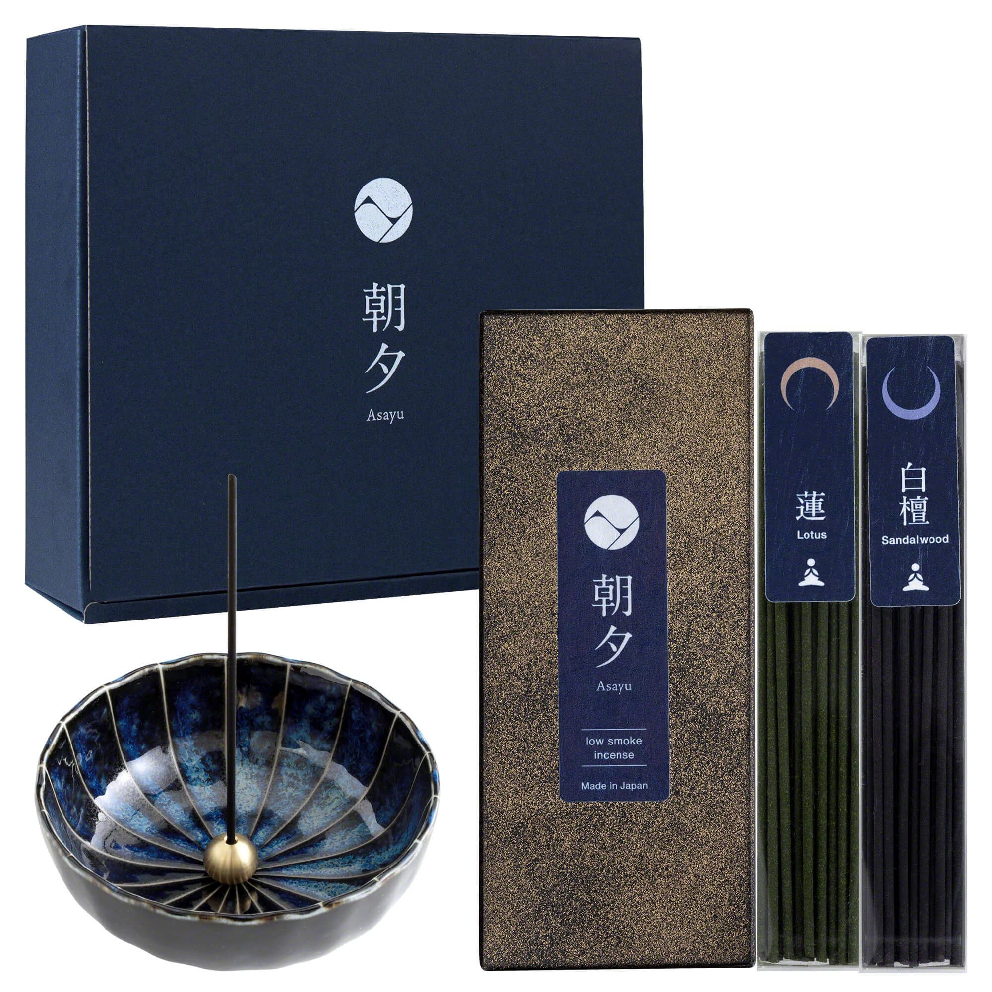 Asayu Japan Low Smoke Incense Gift Set Yoga; Lotus & Sandalwood Incense with Navy Blue Lotus Incense Holder