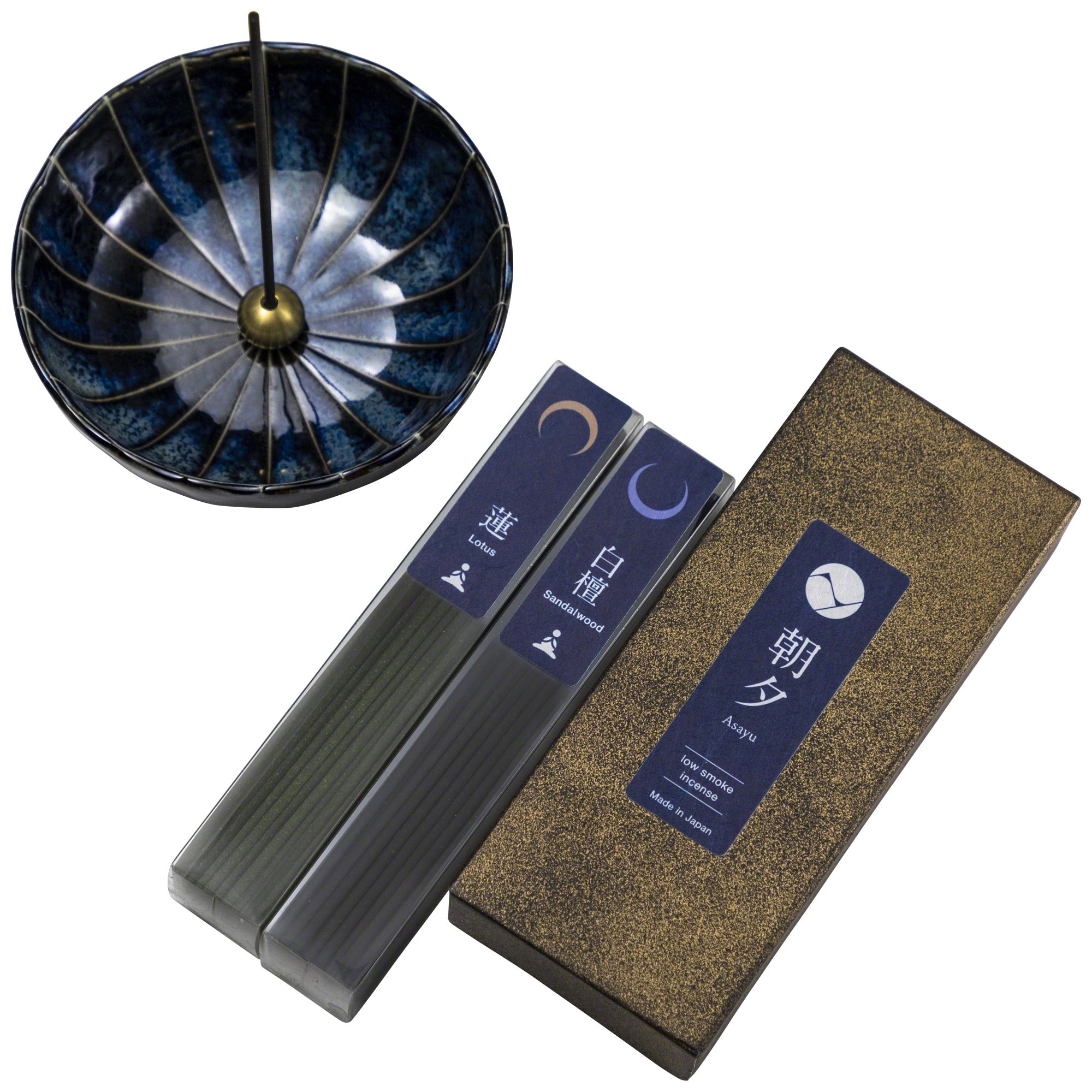 Asayu Japan Low Smoke Incense Gift Set Yoga; Lotus & Sandalwood Incense with Navy Blue Lotus Incense Holder