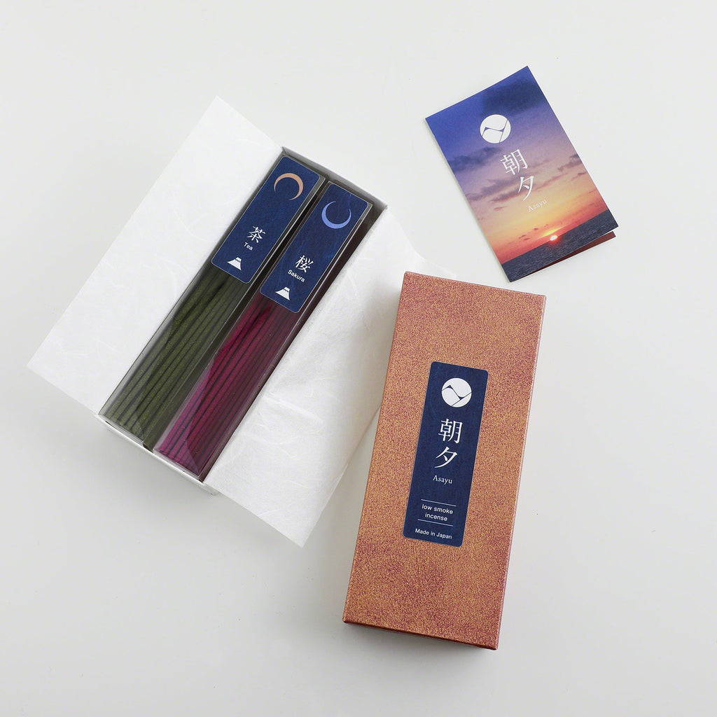 Asayu Japan Low Smoke Incense Gift Set Japan: Sakura & Green Tea with White Lotus Incense Holder
