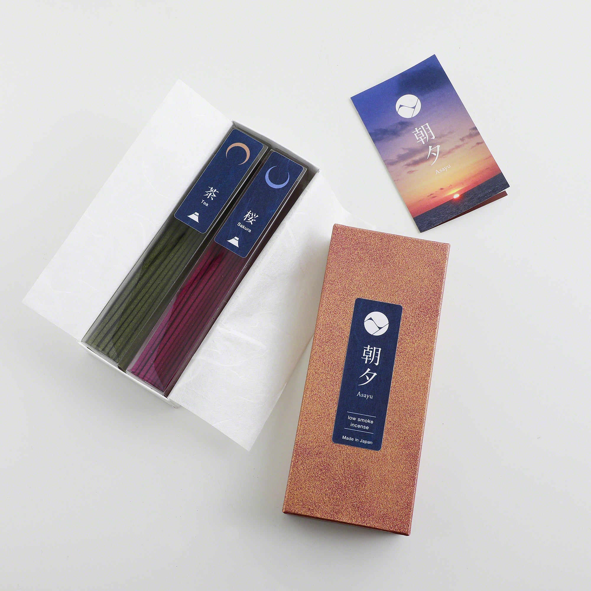 Asayu Japan Low Smoke Incense Gift Set Japan: Sakura & Green Tea with White Lotus Incense Holder