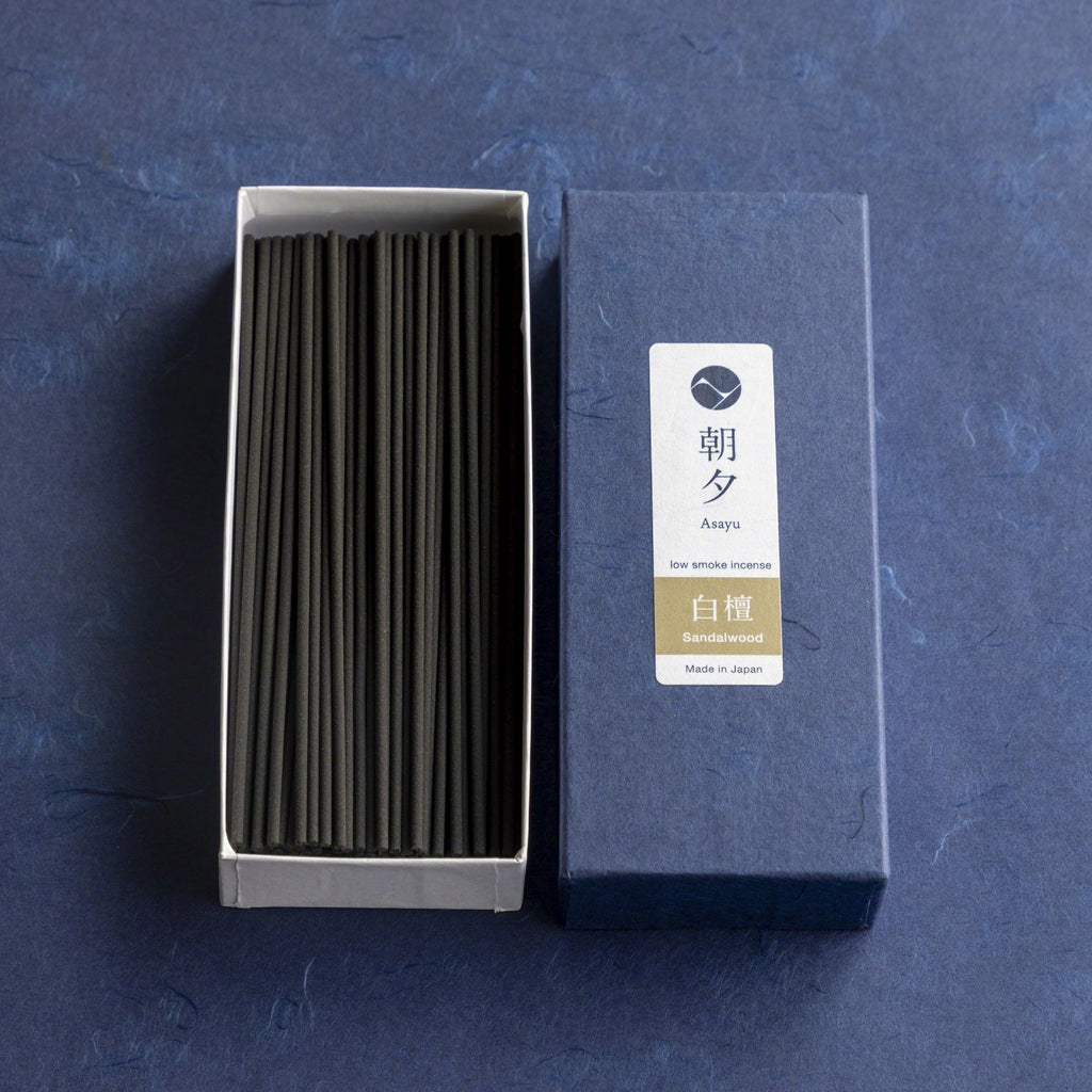 Asayu Japan Low Smoke Incense Gift Set: Sandalwood Incense Sticks with Navy Blue Lotus Incense Holder