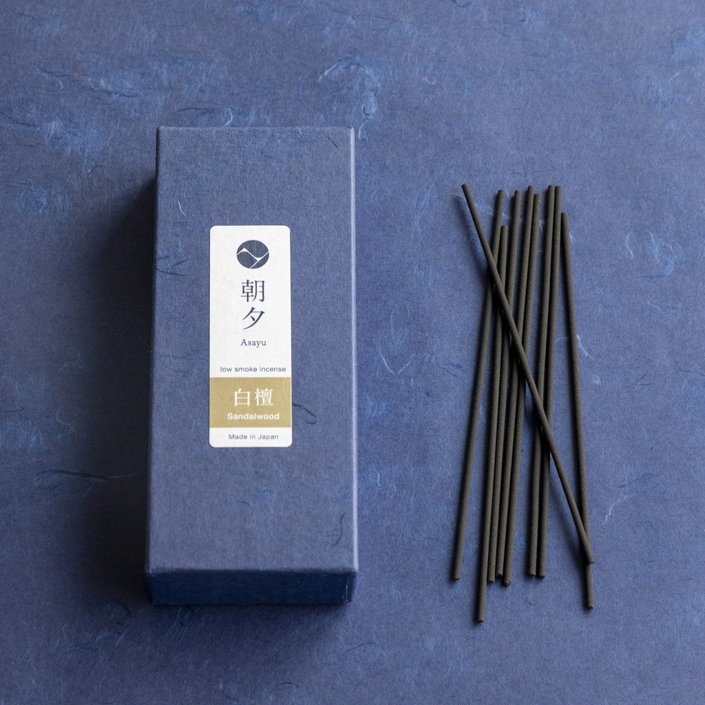 Asayu Japan Low Smoke Incense Gift Set: Sandalwood Incense Sticks with Navy Blue Lotus Incense Holder