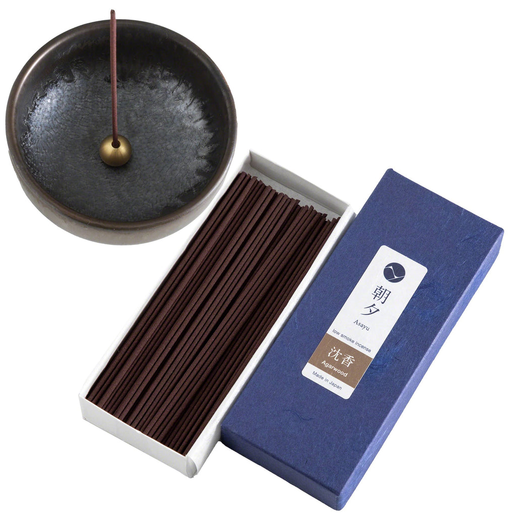 Asayu Japan Low Smoke Incense Gift Set: Agarwood Incense Sticks + Zen Incense Holder