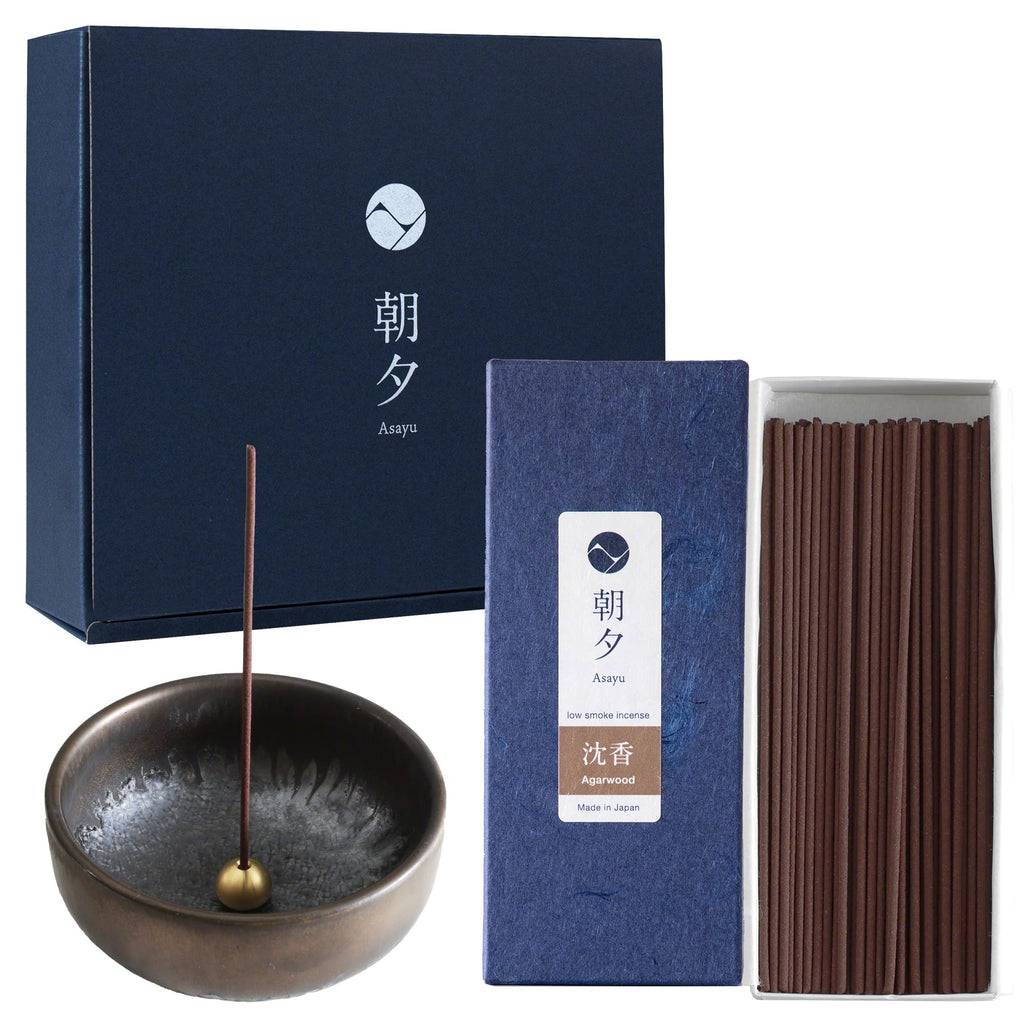 Asayu Japan Low Smoke Incense Gift Set: Agarwood Incense Sticks + Zen Incense Holder
