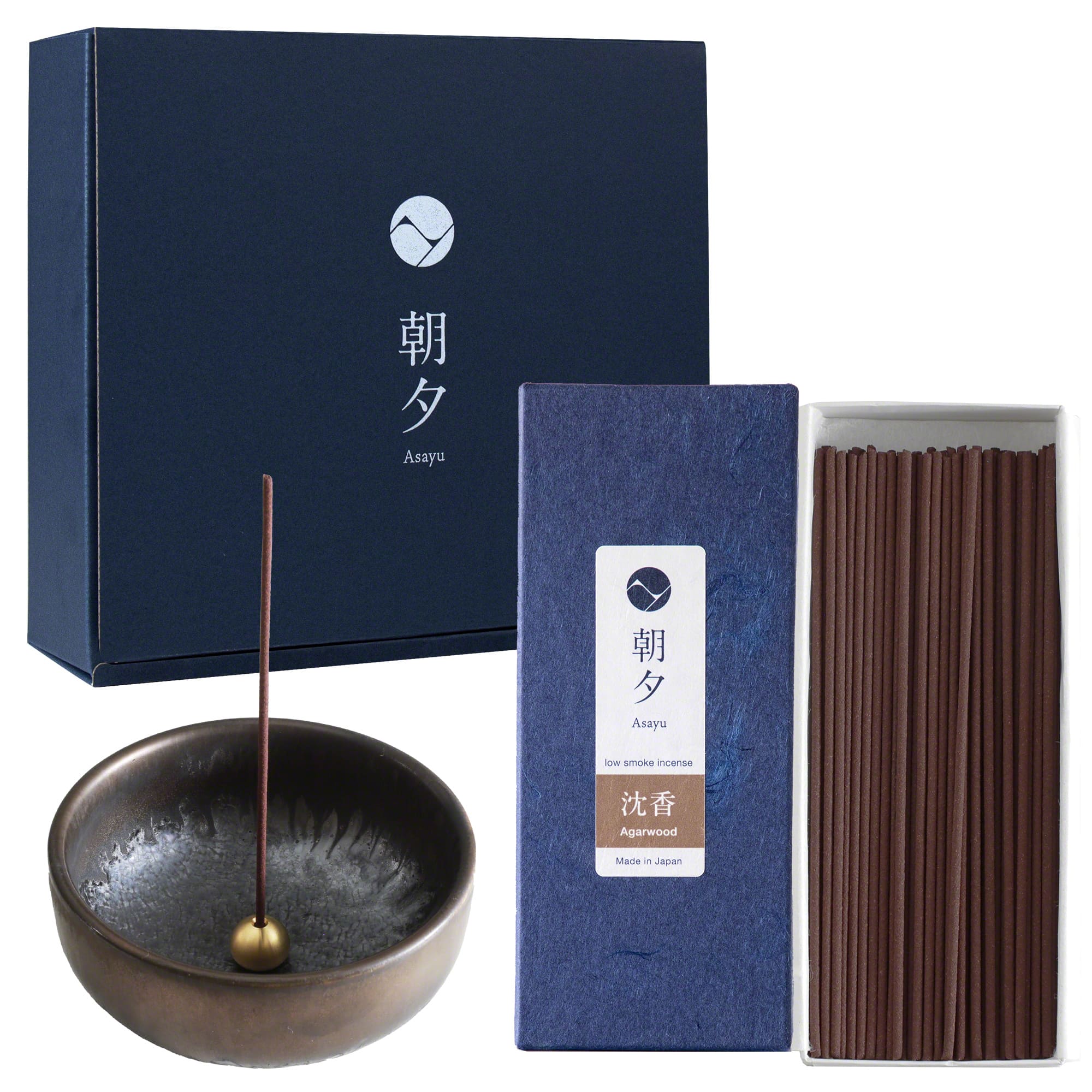 Asayu Japan Low Smoke Incense Gift Set: Agarwood Incense Sticks + Zen Incense Holder
