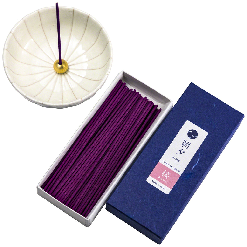Asayu Japan Low Smoke Incense Gift Set [ Sakura Cherry Blossom Incense Sticks+ White Lotus Incense Holder ]