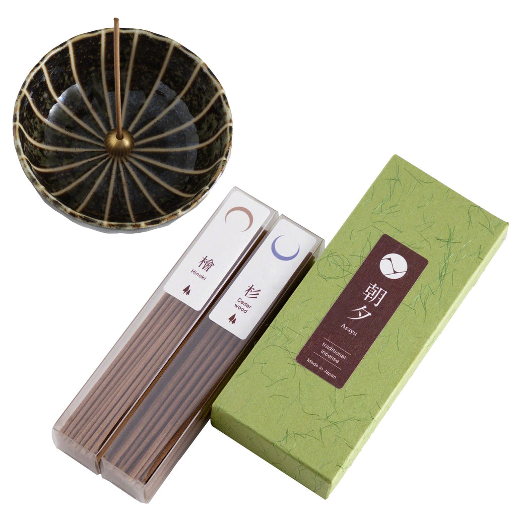 Asayu Japan Traditional Incense Gift Set [ Forest Set (Hinoki Cypress & Cedar Wood) + Green Lotus Incense Holder ]