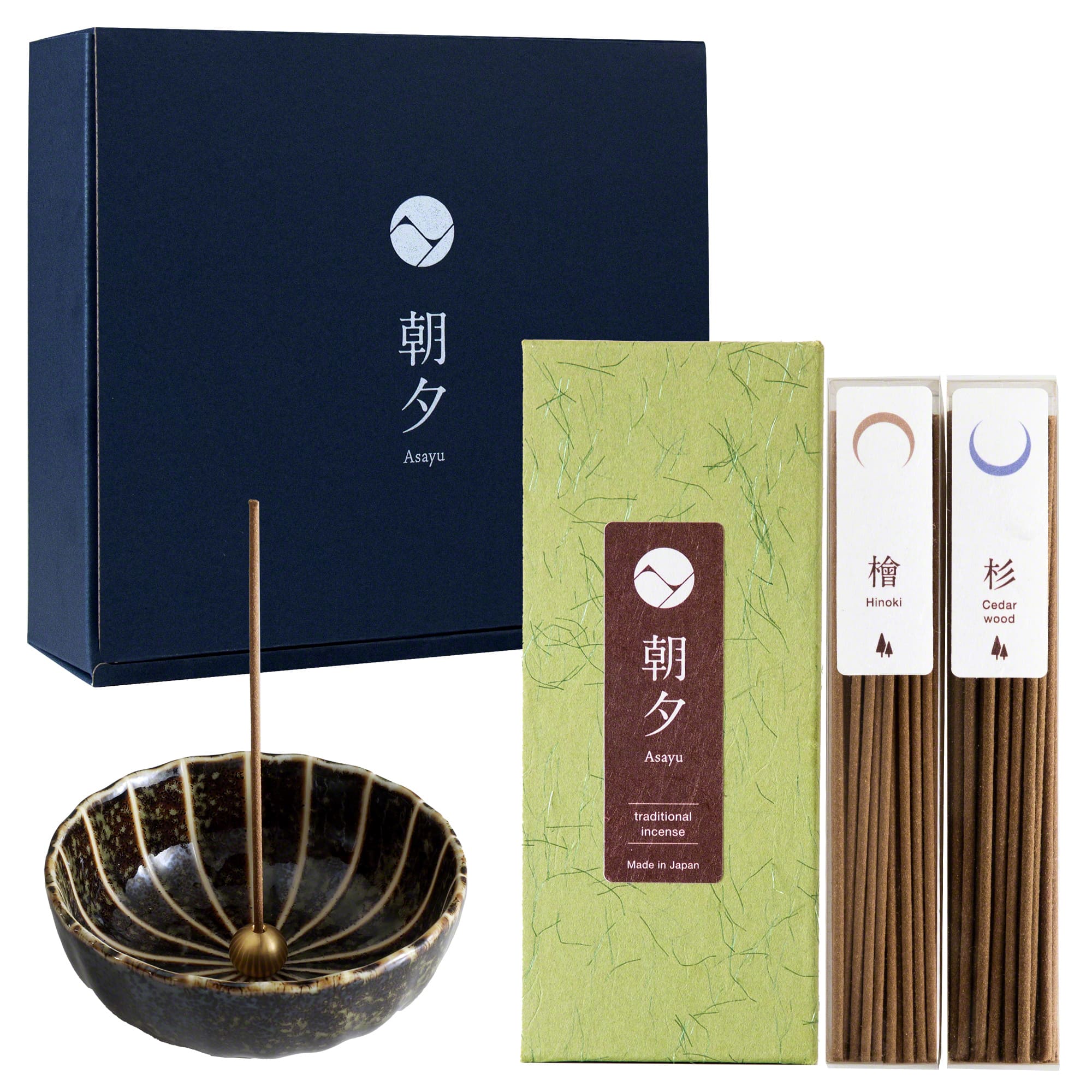 Asayu Japan Traditional Incense Gift Set [ Forest Set (Hinoki Cypress & Cedar Wood) + Green Lotus Incense Holder ]