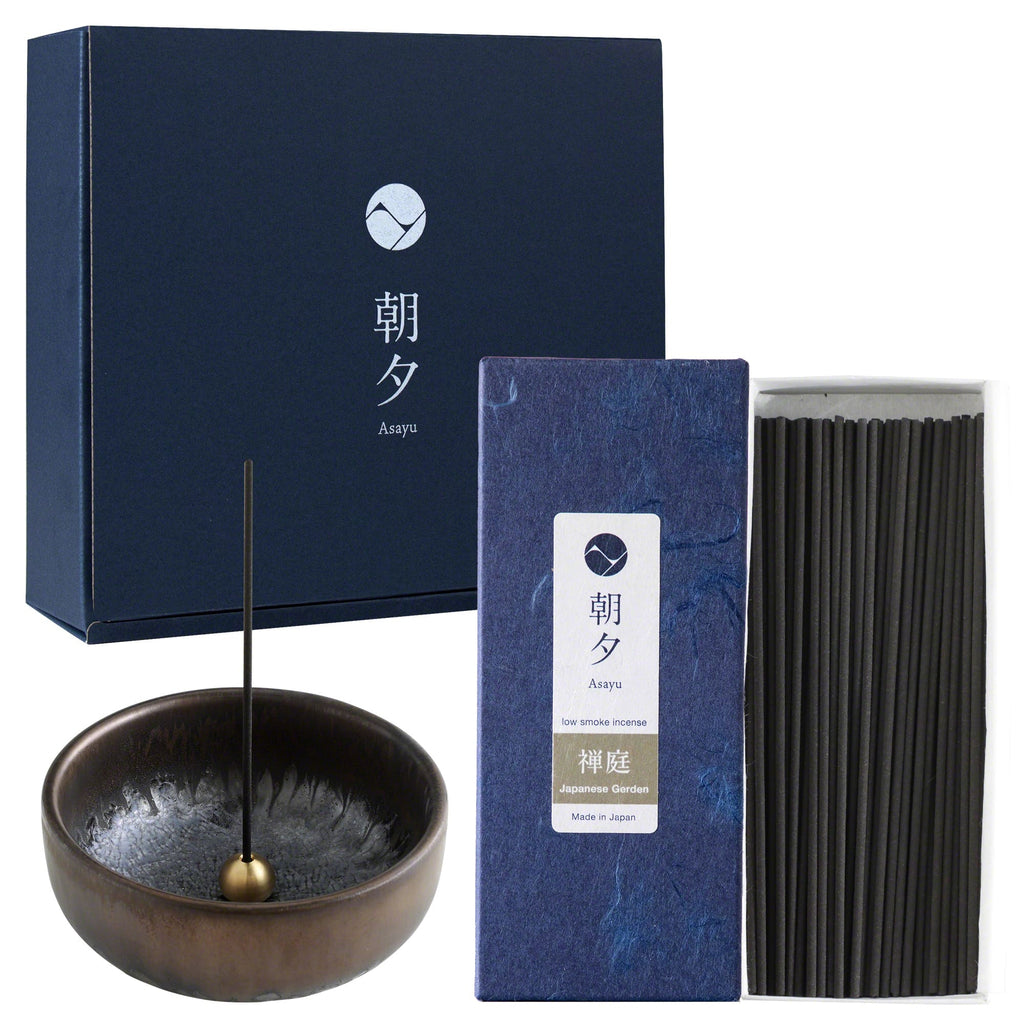 Asayu Japan Low Smoke Incense Gift Set: Japanese Zen Garden Blend Incense Sticks + Zen Incense Holder